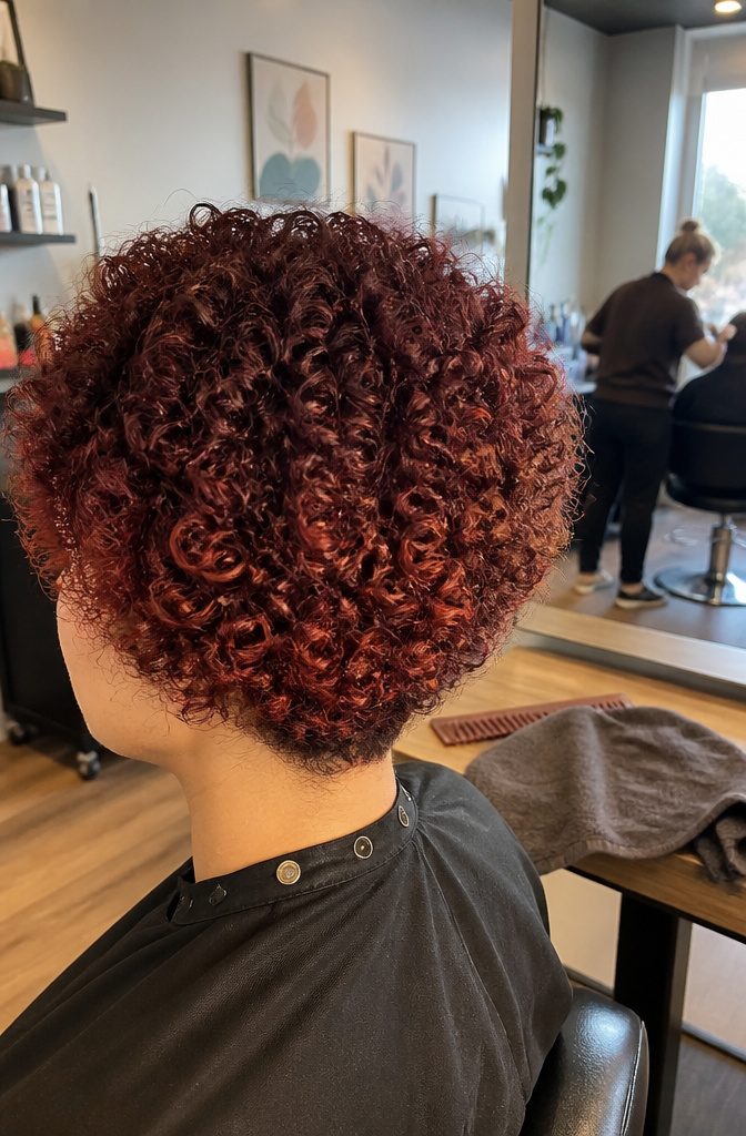 Short tight curls with darker red roots fading to lighter brick red ends
