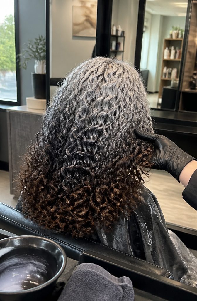Curly hair fading from icy silver roots through charcoal to brown ends