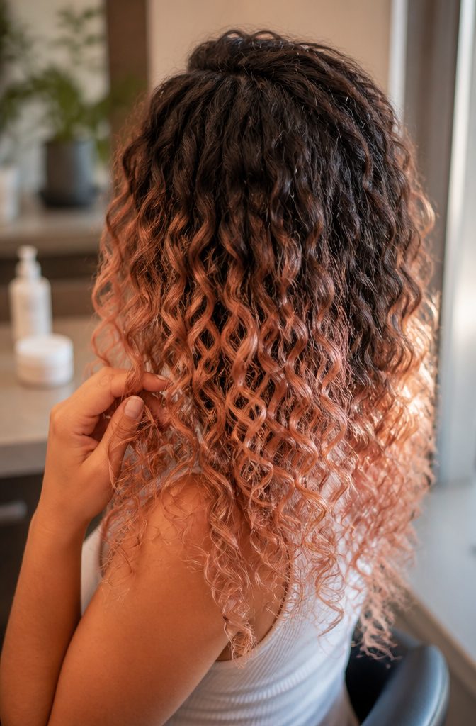 Curly hair fading from natural roots into soft pinkish gold