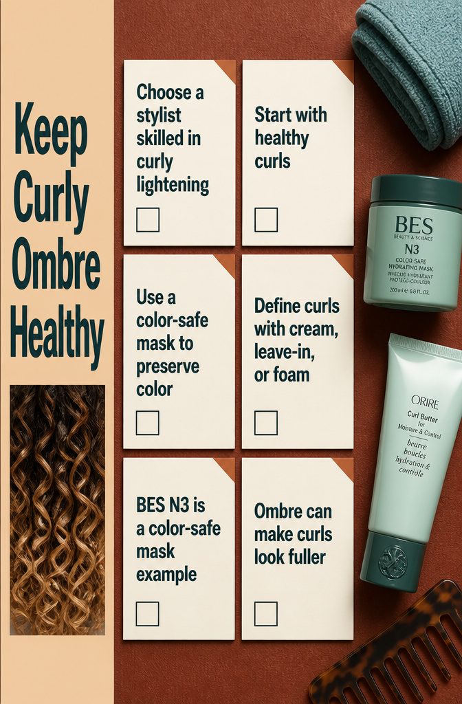 Beauty graphic titled Keep Curly Ombre Healthy with curly hair care advice