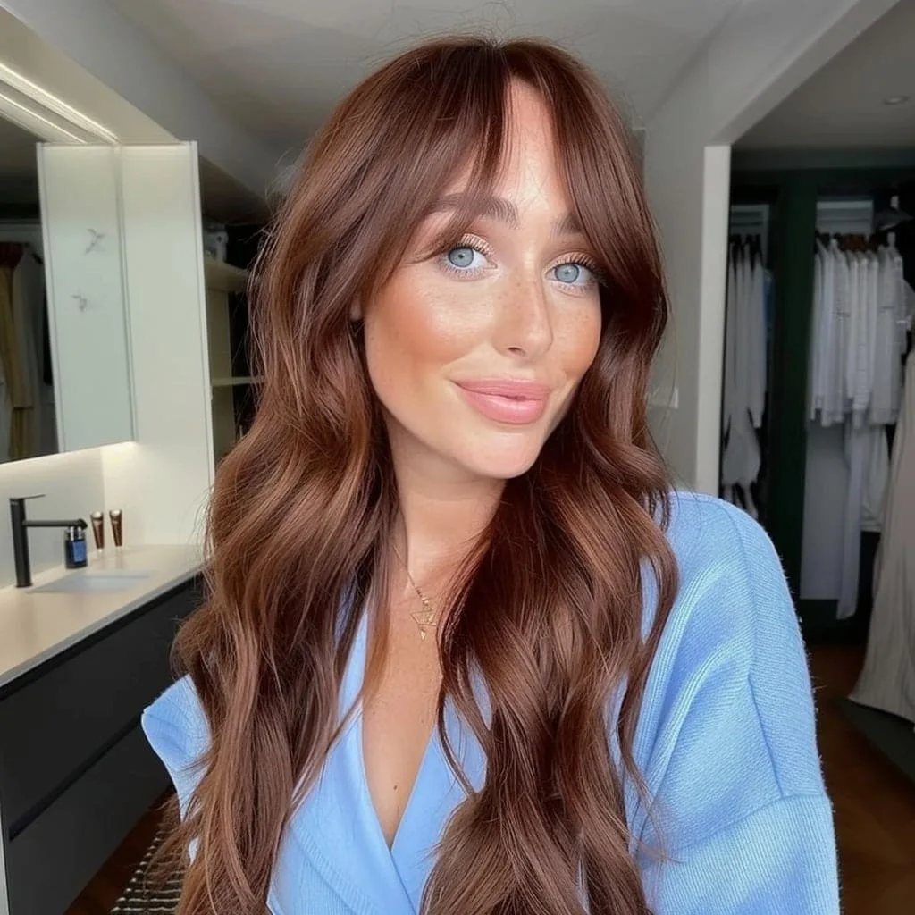 Woman with long wavy auburn-brown hair and bangs wearing a blue top