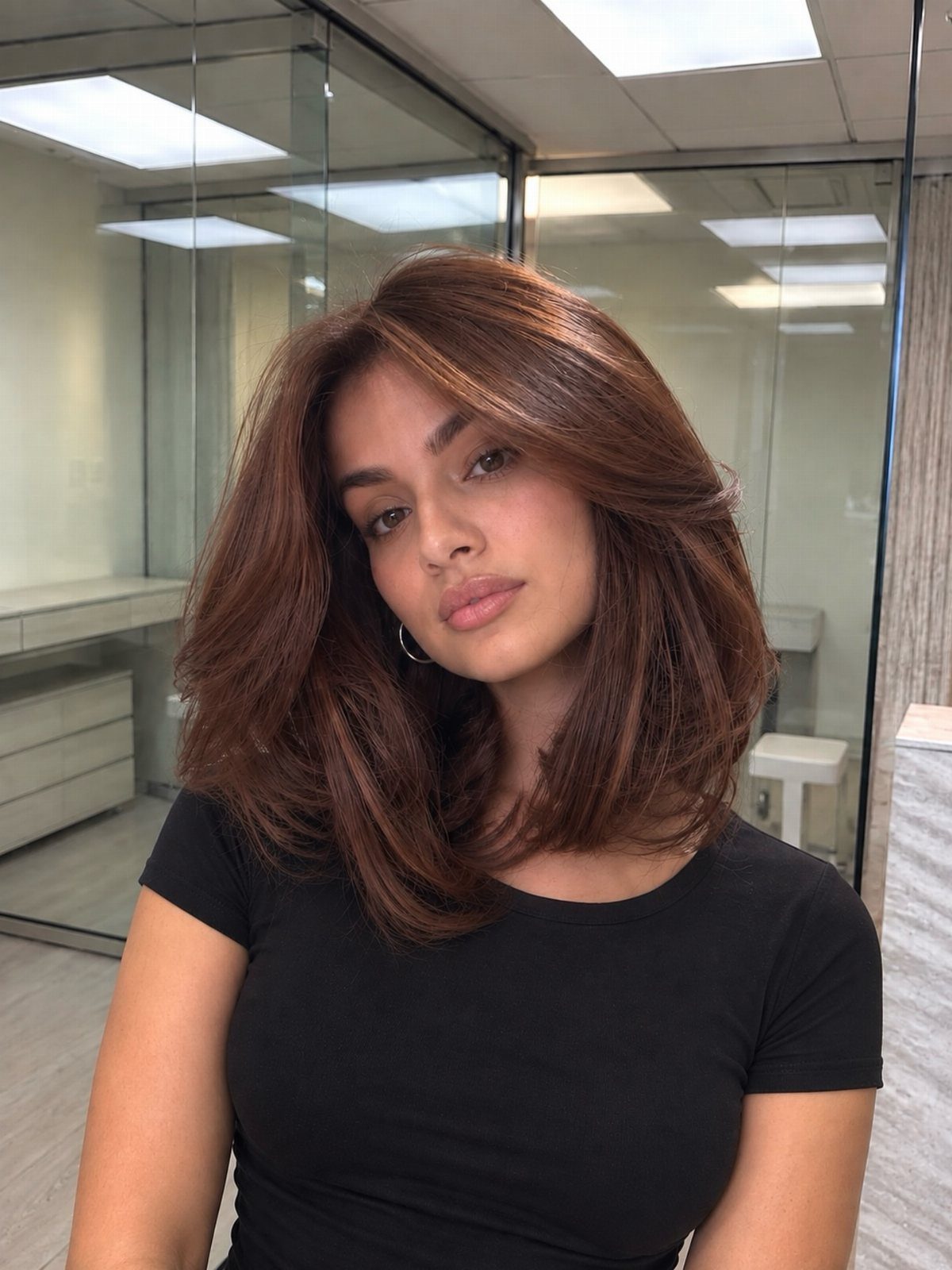 Woman showing layered dark brown hair with subtle chestnut highlights
