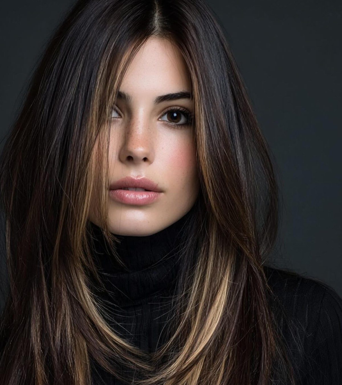 Woman with long dark brown hair and lighter face-framing strands