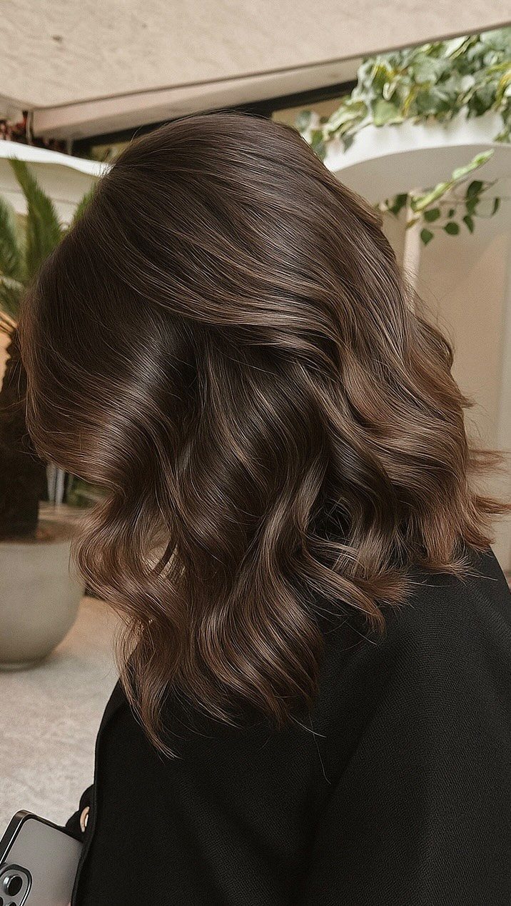 Dark brown hair with subtle coffee-colored highlights styled in glossy loose waves
