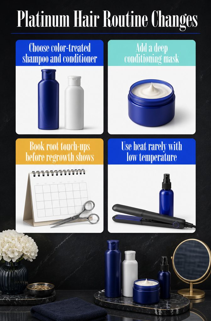 Beauty information graphic titled Platinum Hair Routine Changes