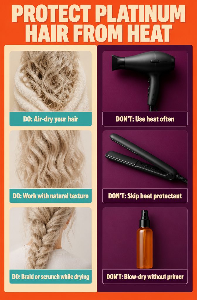Beauty information graphic titled Protect Platinum Hair From Heat
