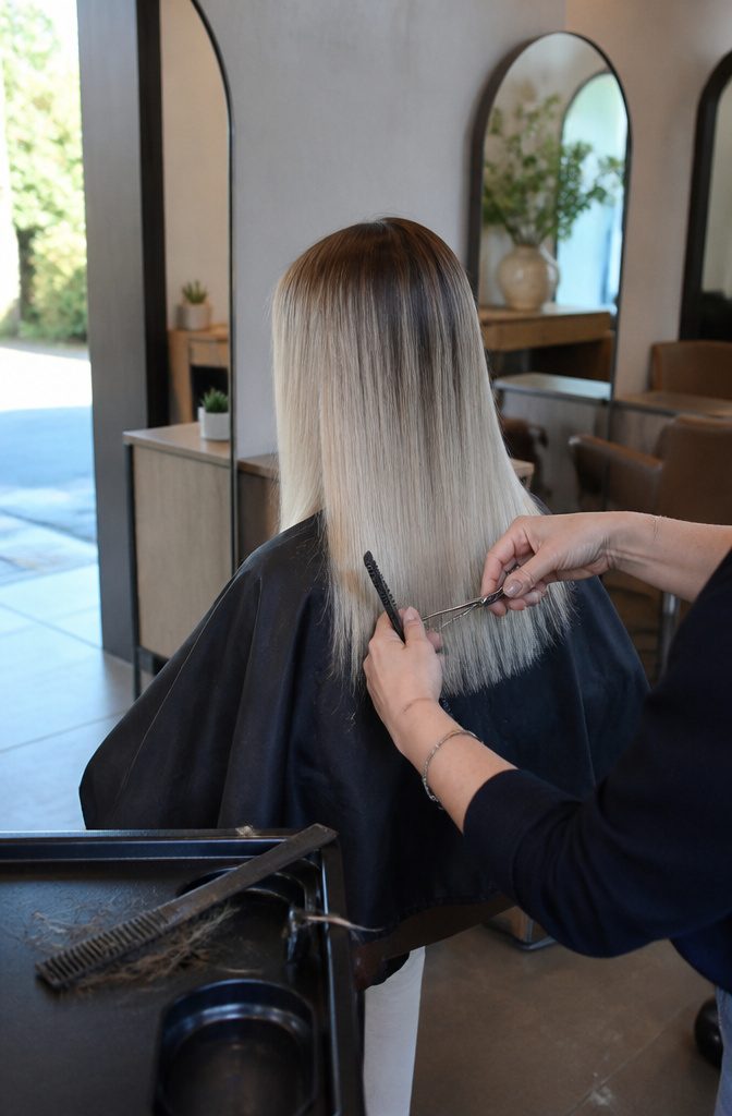 Stylist trimming platinum hair ends with dark brown roots visible
