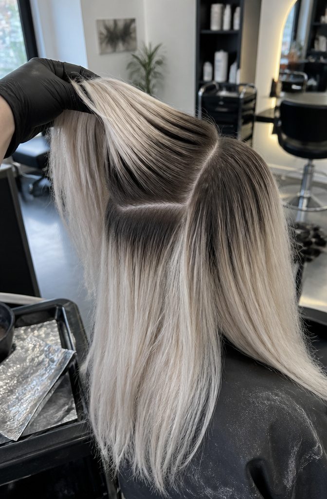 Platinum hair with dark roots beside a softly blended brown root smudge