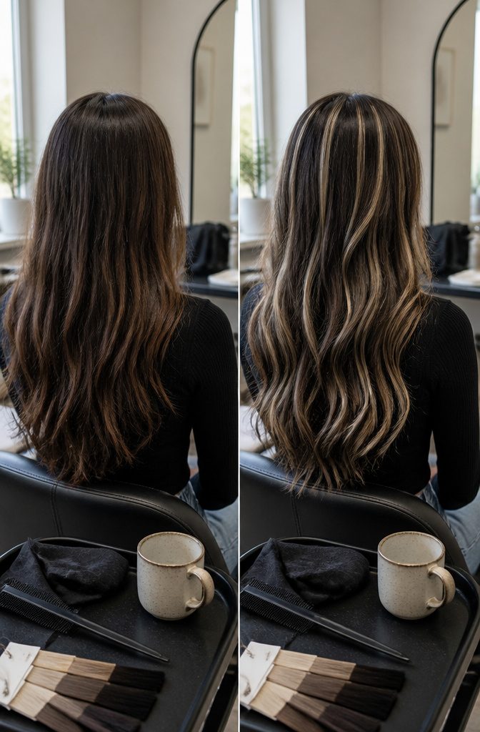 Dark brown hair with pale platinum highlights through the lengths