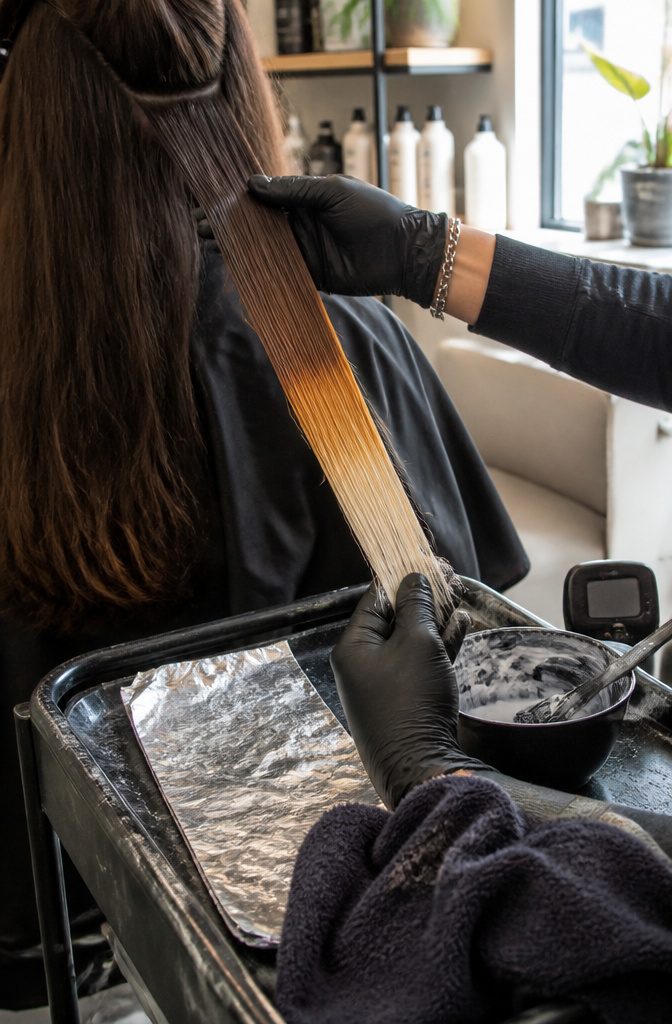Dark brown hair being prepared for a professional color appointment