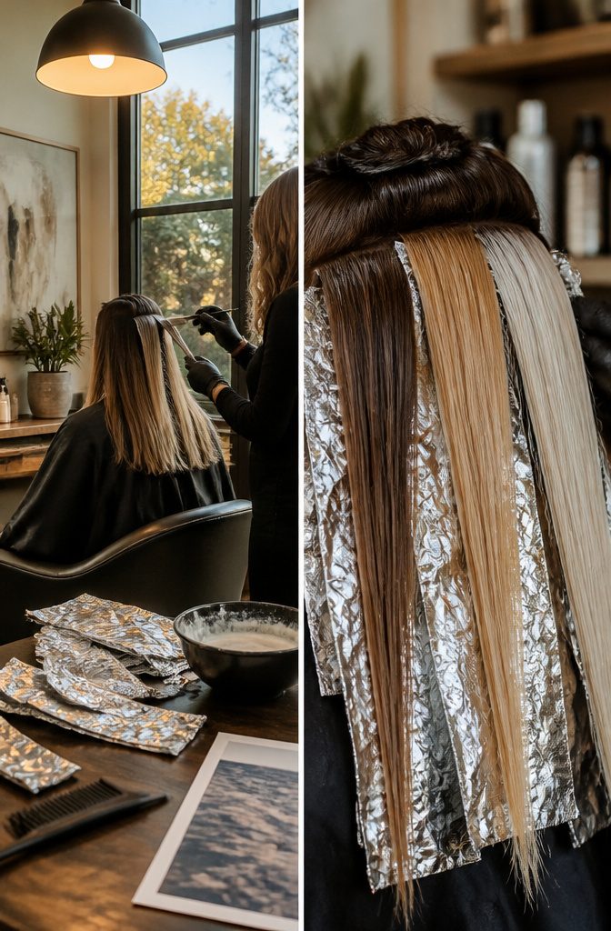 Dark brown hair with blonde highlights showing a gradual color change