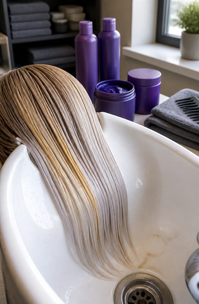 Platinum hair beside purple shampoo and conditioner bottles