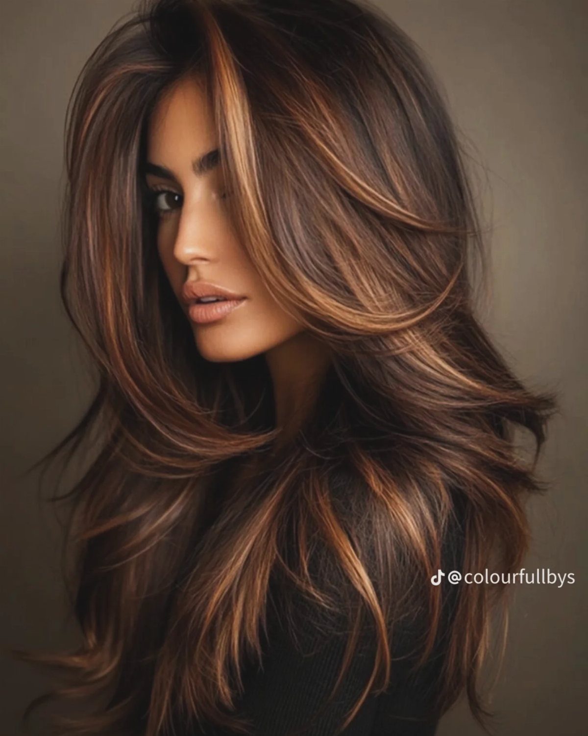 Woman showing dark layered hair with champagne-toned blonde highlights