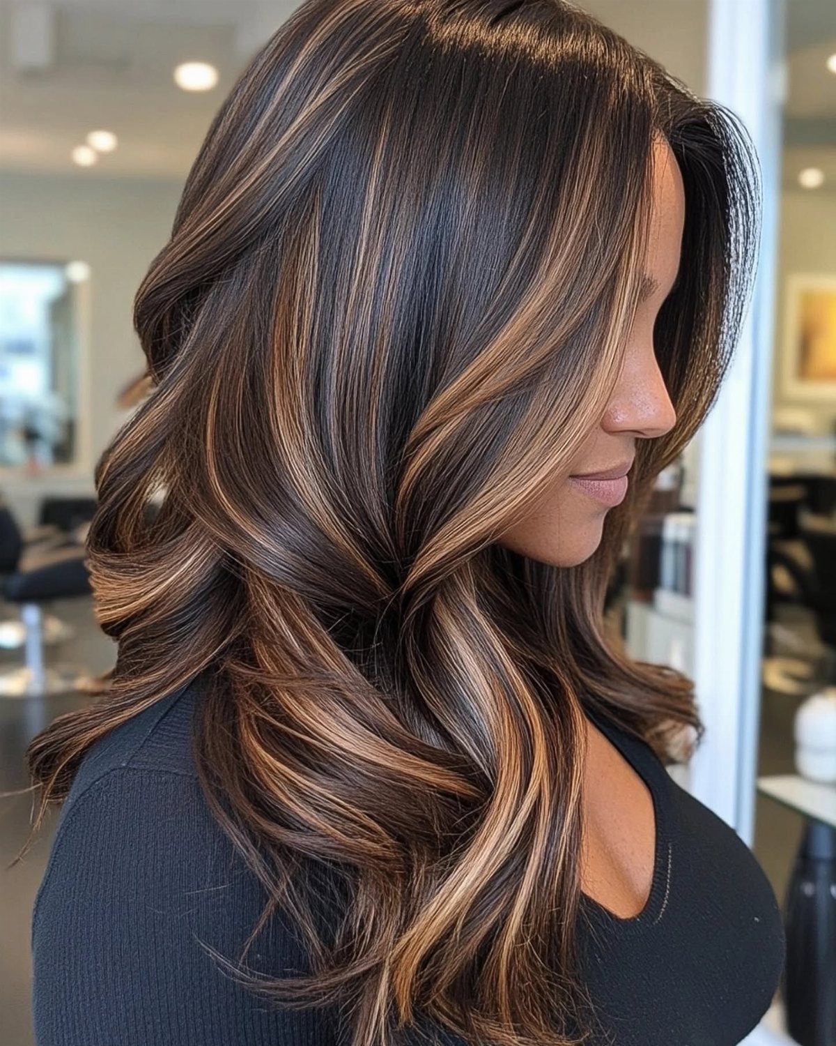 Long dark brown curls with soft sandy blonde highlights frame a woman's face