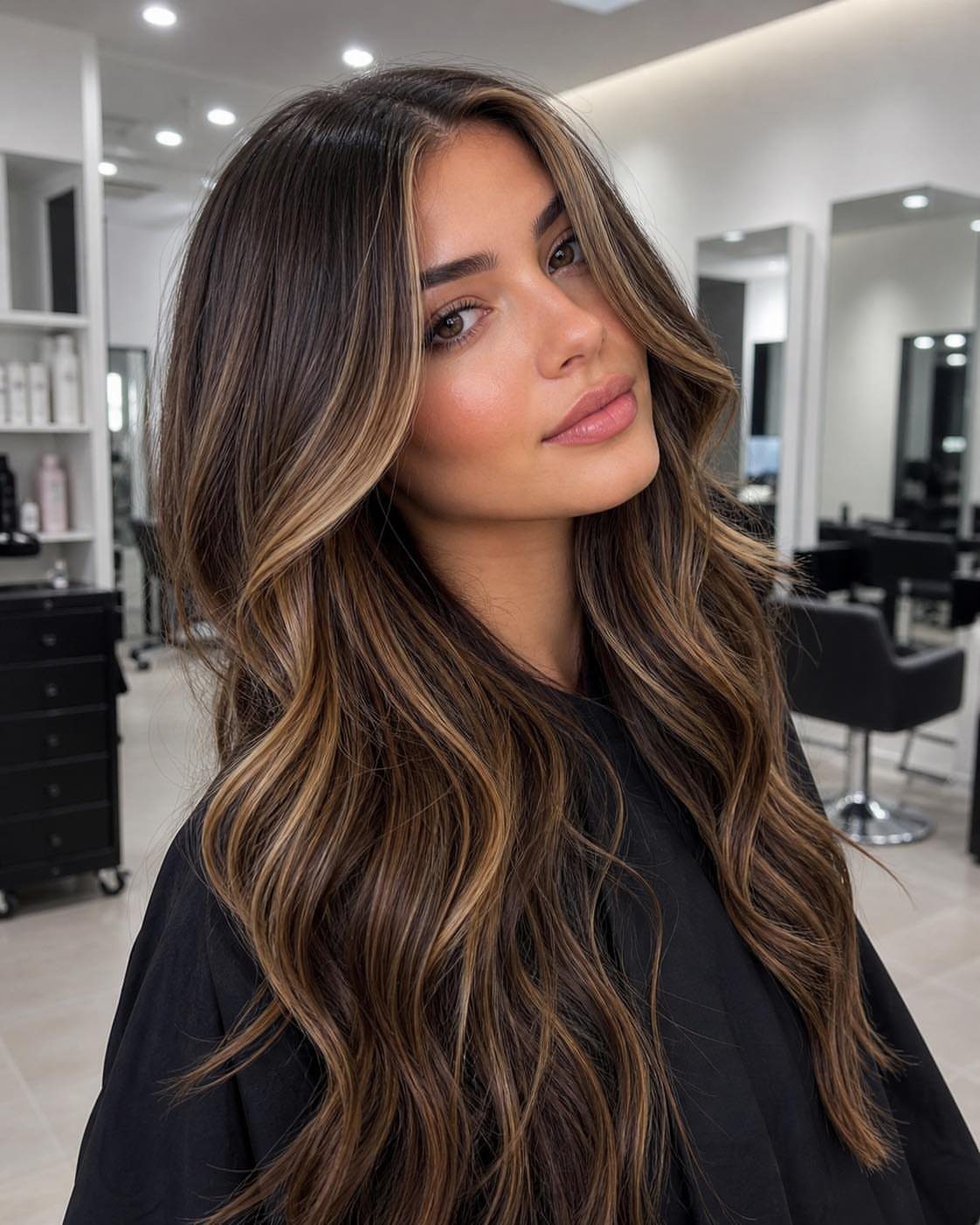 Woman with long dark brown waves and cool blonde face-framing highlights in a salon