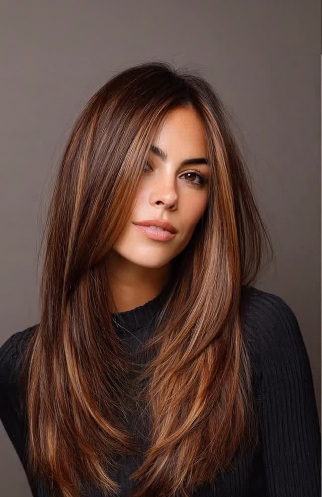 Woman showcasing long brunette hair with warm chestnut highlights and layered styling