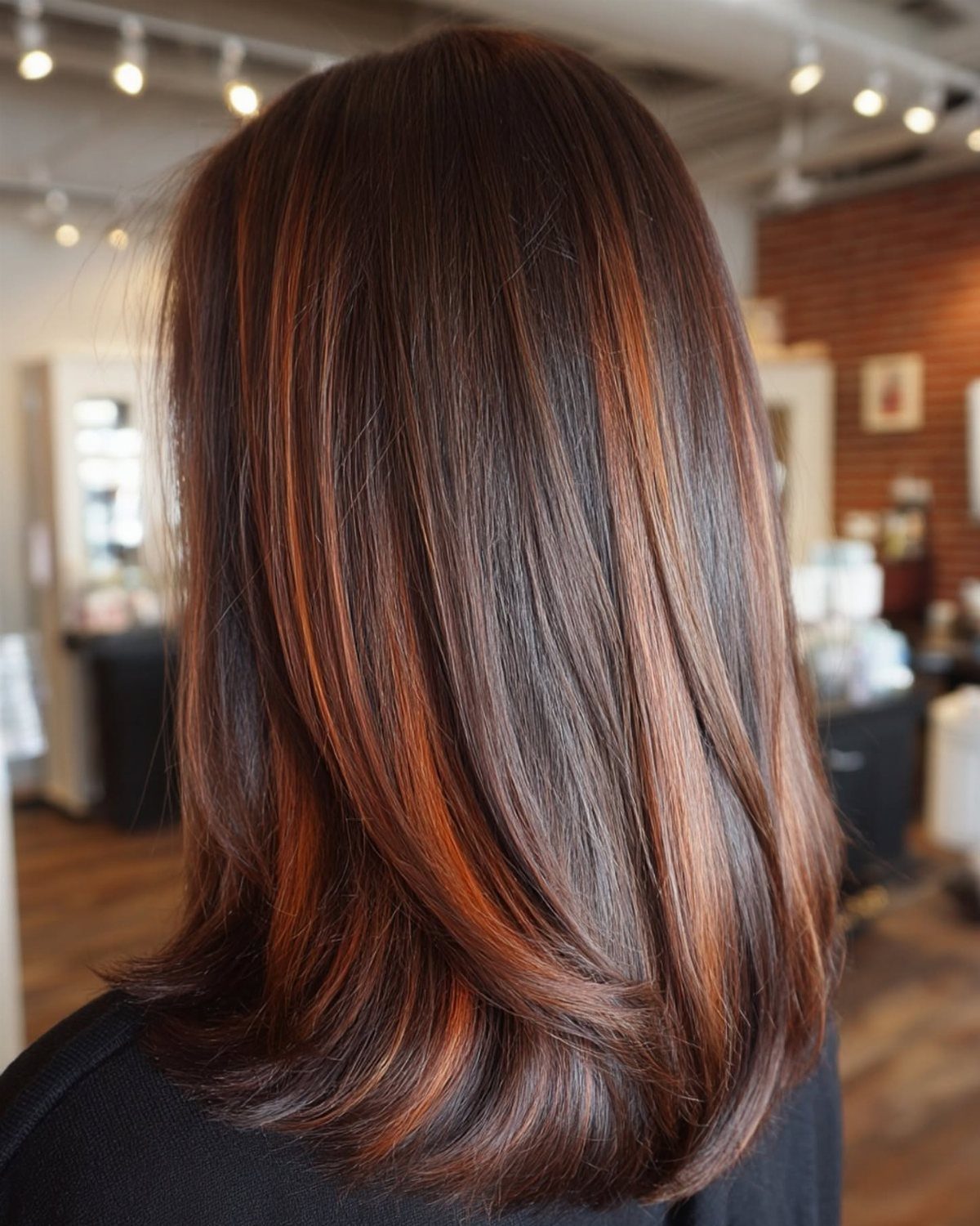 Layered dark brunette hair with vivid copper highlights and softly curled ends