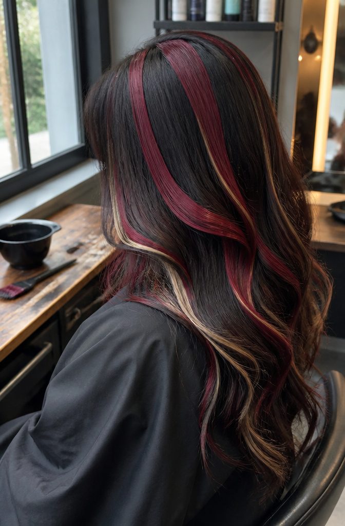 Dark hair with thick burgundy red and ash blonde highlight sections