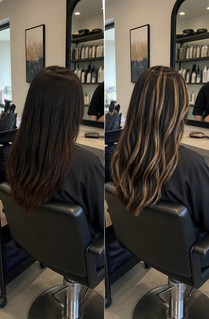 Dark hair with separate caramel and platinum blonde highlight ribbons