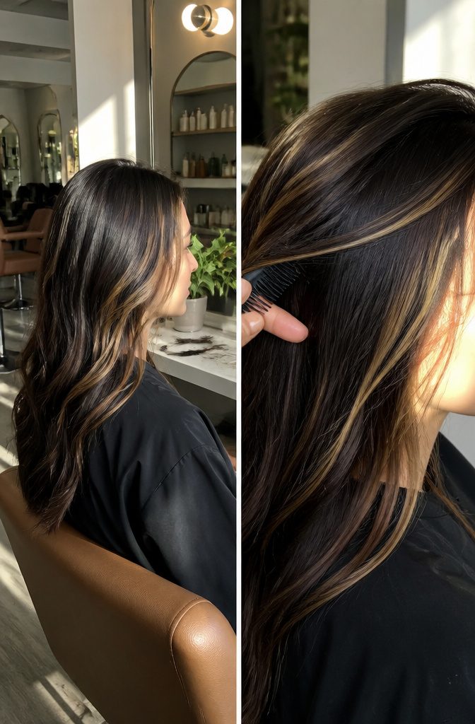 Dark hair with thick light streaks framing the face from temples to jaw