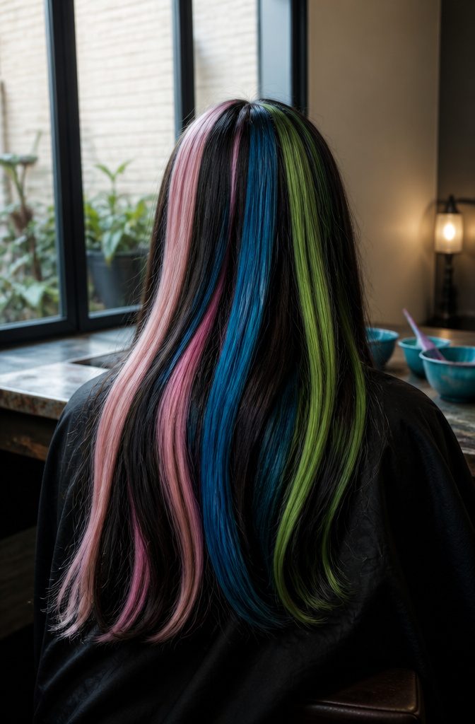 Dark hair with thick pastel pink electric blue and neon green stripes