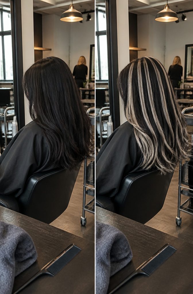 Hair divided into separate blonde black red and brown chunky sections
