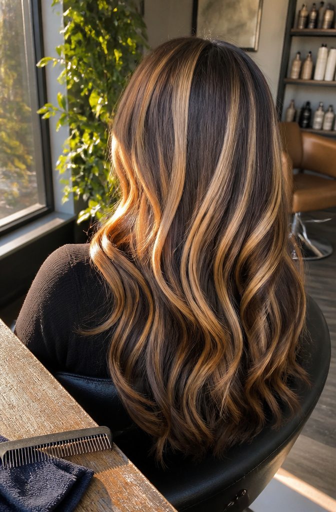 Brown hair with thick warm blonde streaks through the crown and sides