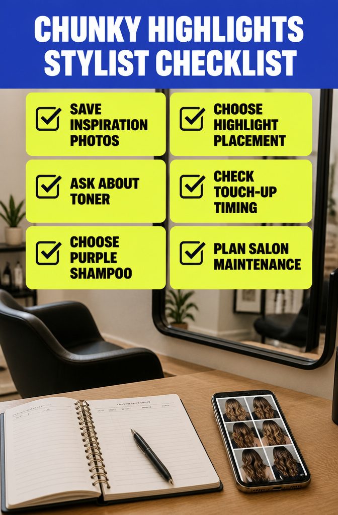 Chunky Highlights Stylist Checklist with inspiration photos toners and maintenance notes
