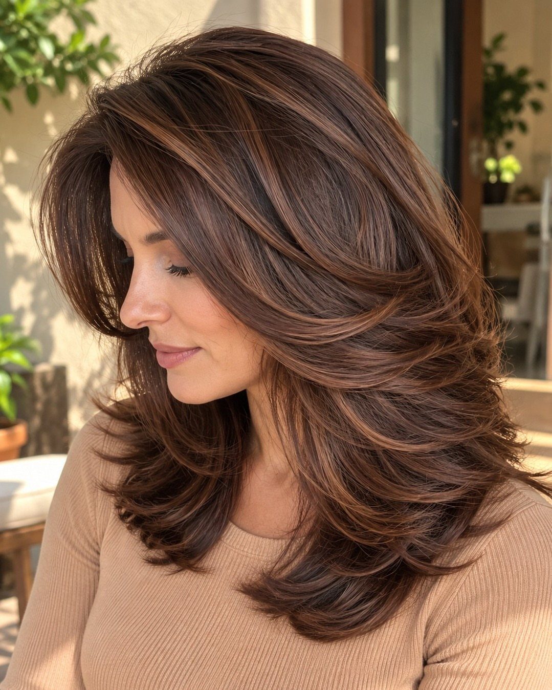 Woman with long layered dark hair and soft chestnut highlights in warm indoor light