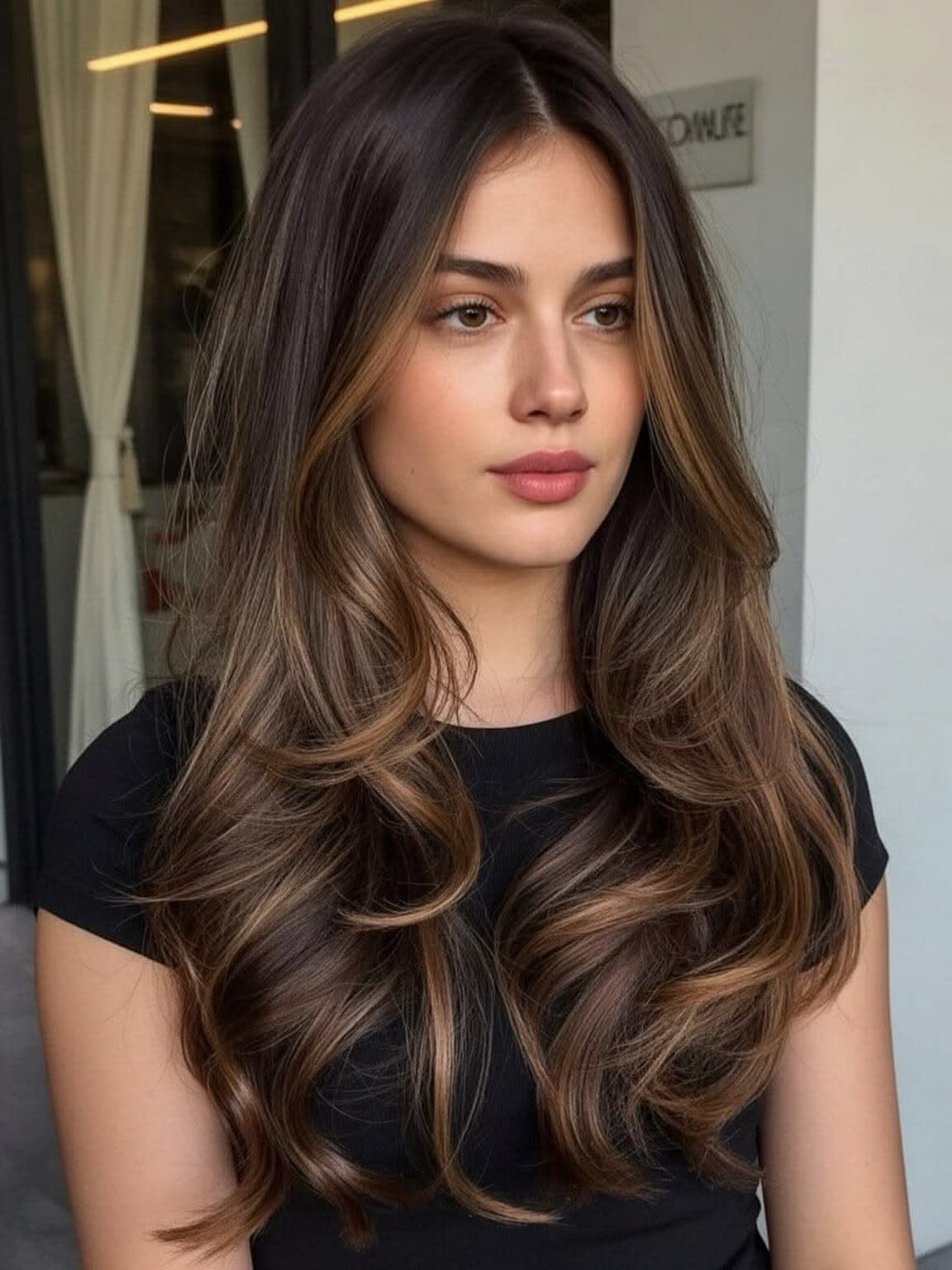 Woman with long dark brown hair and glossy caramel ribbons curled through the lengths