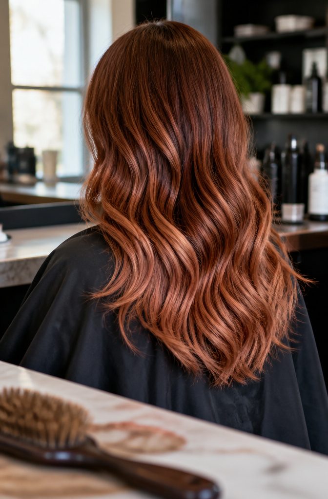 Hair blending warm auburn tones with rose-toned copper