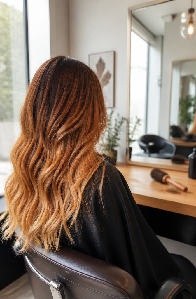 Hair fading from chestnut roots through copper lengths to golden blonde tips