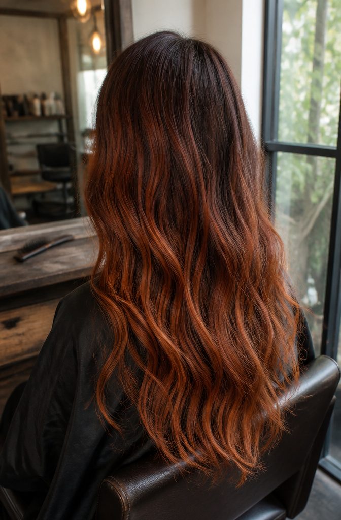 Hair with deep red-brown roots blending into auburn and copper