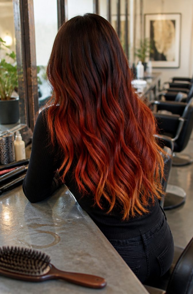 Dark brown hair with medium red lengths and subtle golden tips