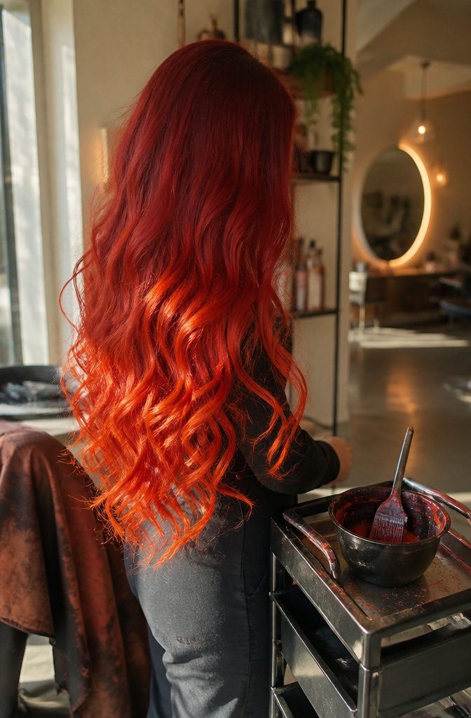 Long loose red hair shifting from natural roots to bright red and tangerine