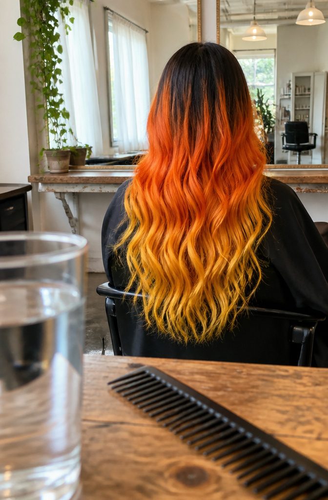 Dark-rooted hair fading through orange into bright yellow ends