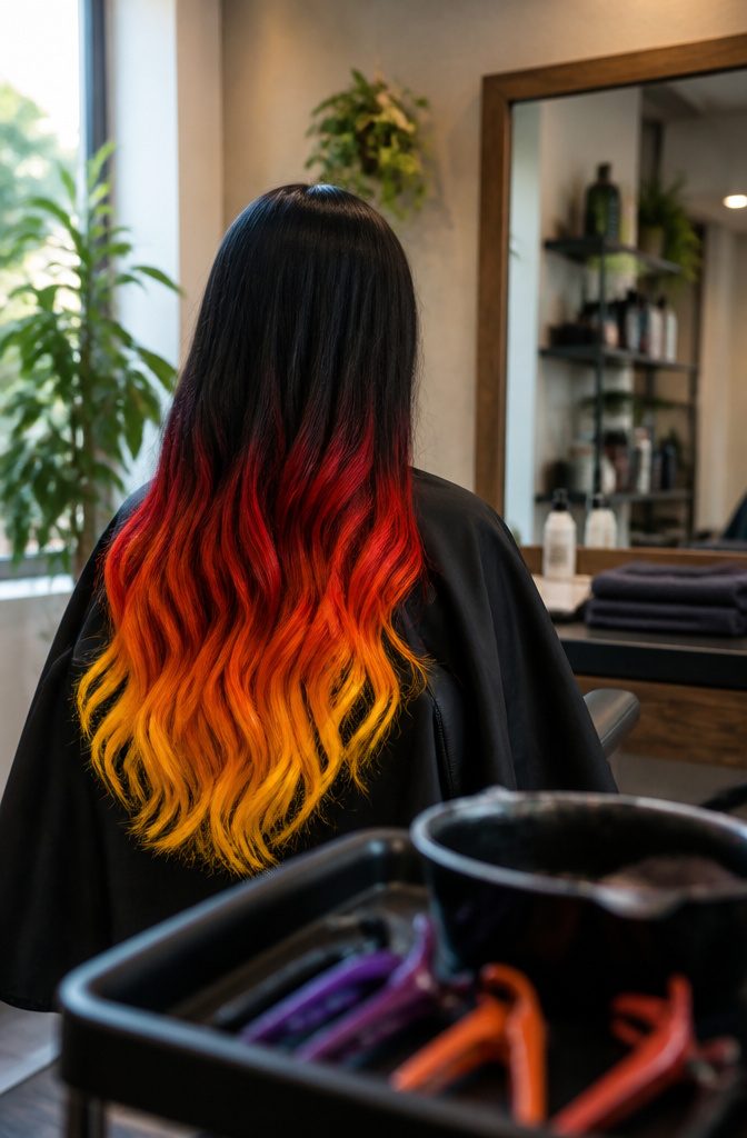 Black hair transitioning from a dark base into red orange and yellow ends