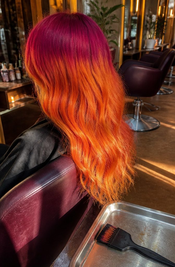 Hair with berry-magenta roots and orange and gold lengths