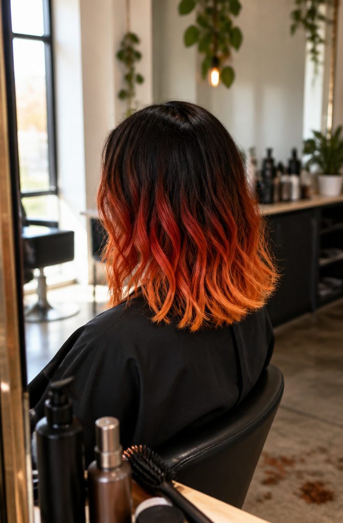 Mid-length hair with dark roots orange and red zones and light tips