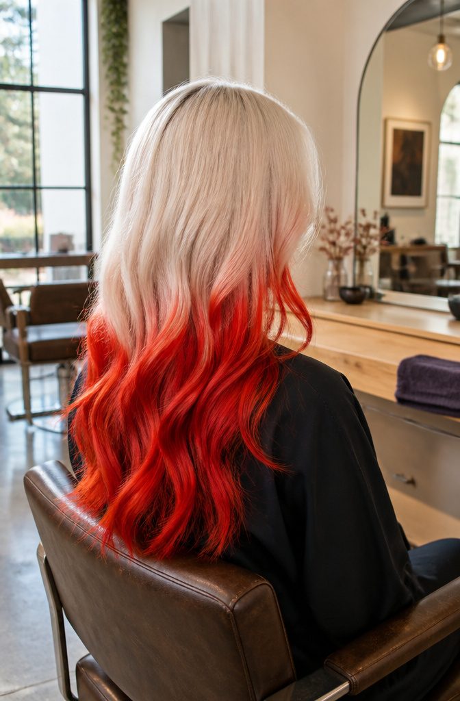 Loose hair with platinum upper lengths and saturated red lower lengths