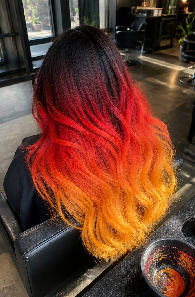 Hair fading from neon red roots through amber and orange to yellow tips