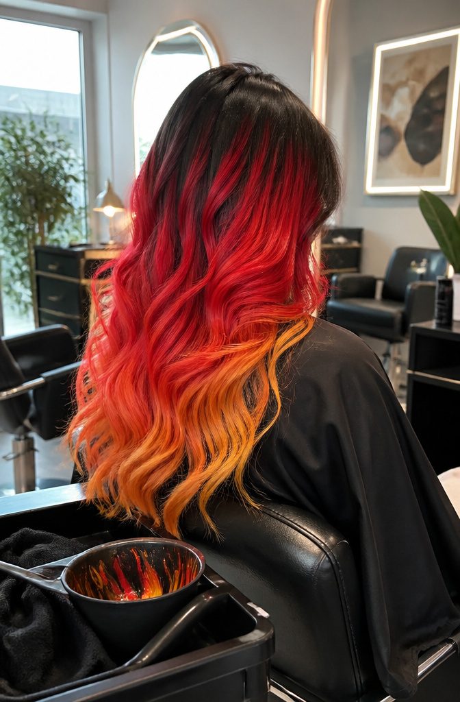 Hair with dark roots vivid red mid-lengths and orange-yellow ends
