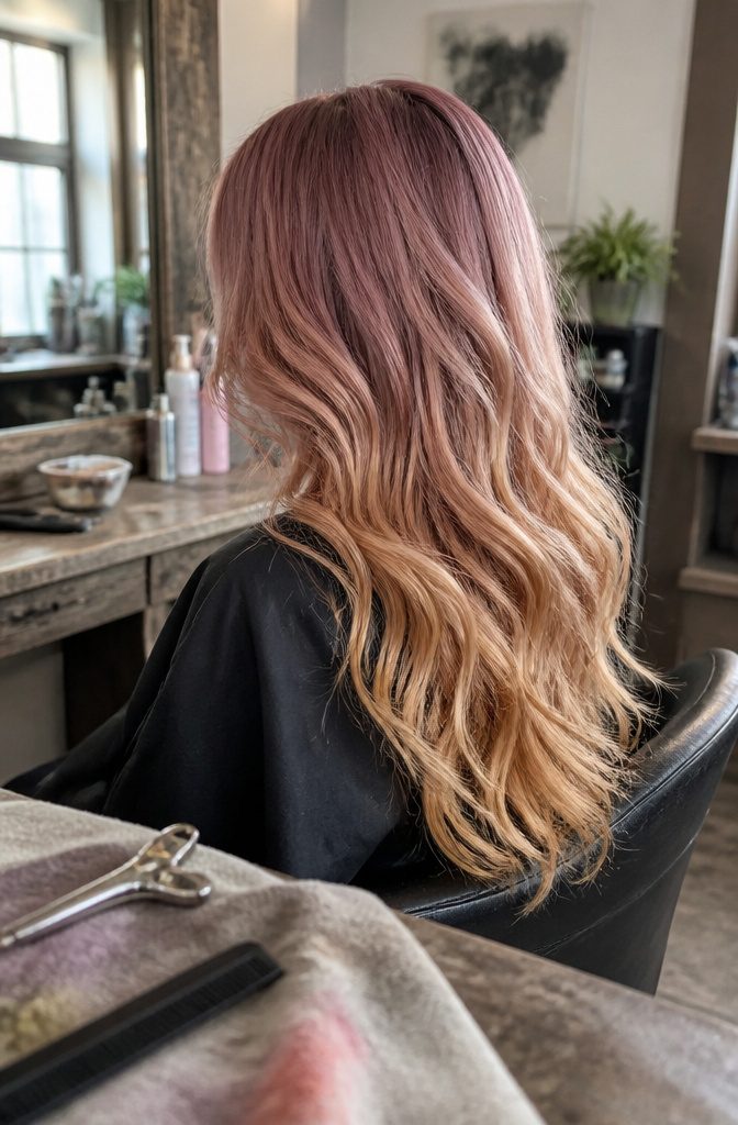 Hair transitioning from dusty mauve roots through rose gold to rich gold ends