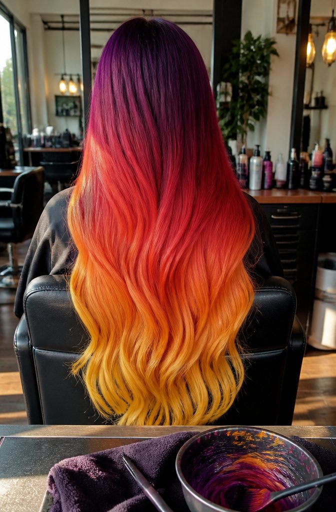 Long hair with purple red orange and gold color bands