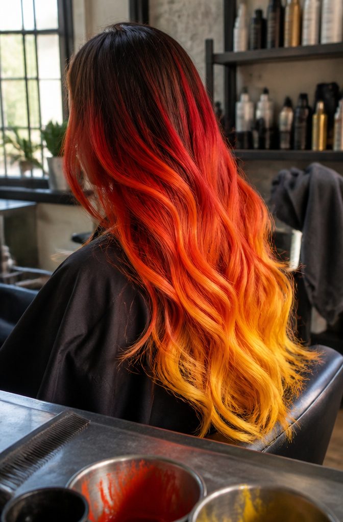 Hair showing a layered blend of orange red and yellow shades