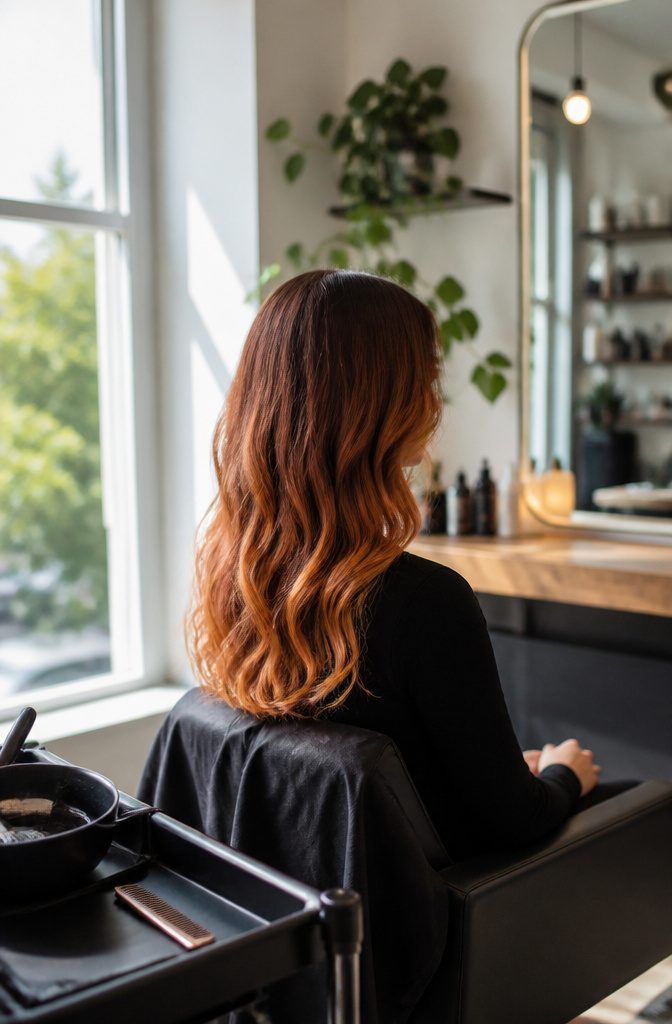 Hair with auburn roots blending into copper lengths