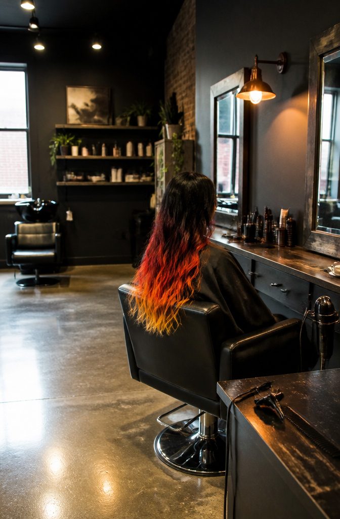 Dark roots above hair transitioning through red and orange to yellow