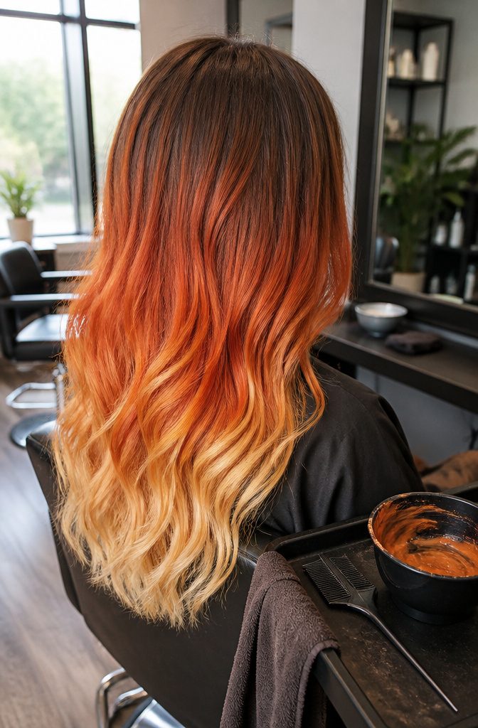 Chestnut roots blending into copper lengths and golden blonde ends