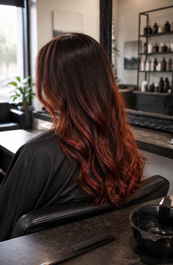 Dark hair fading into subdued auburn lengths with brown depth