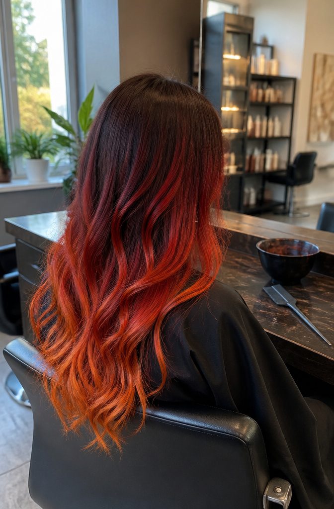 Natural dark roots blending into bright red and tangerine ends